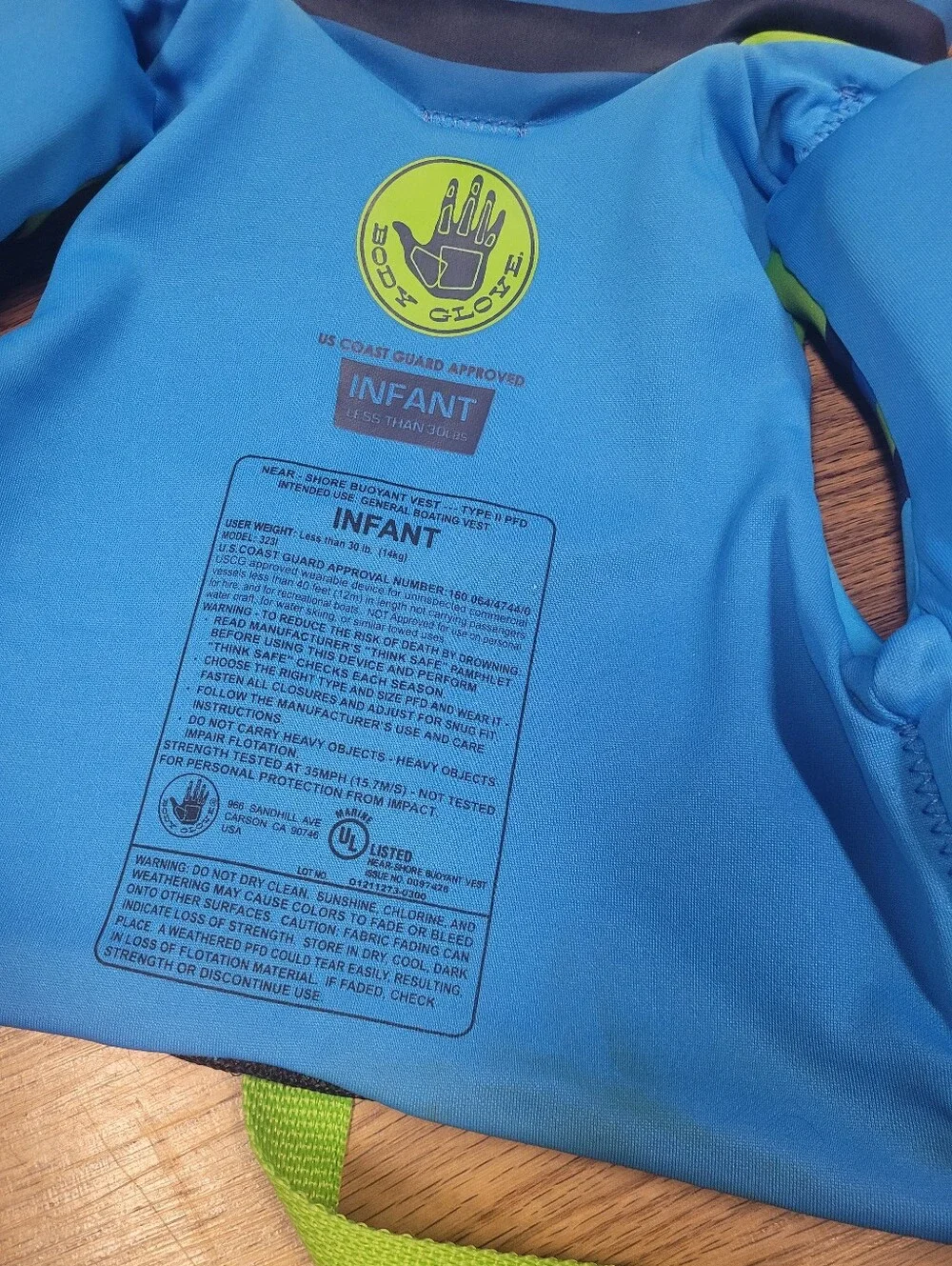 Body Glove Infant Coast Guard Approved Life Jacket Less Than 30 Lbs Blue Green